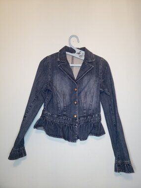 Y2K Young At Heart Junior S Jean Jacket Peplum Waist Blue Denim Button Front Vtg